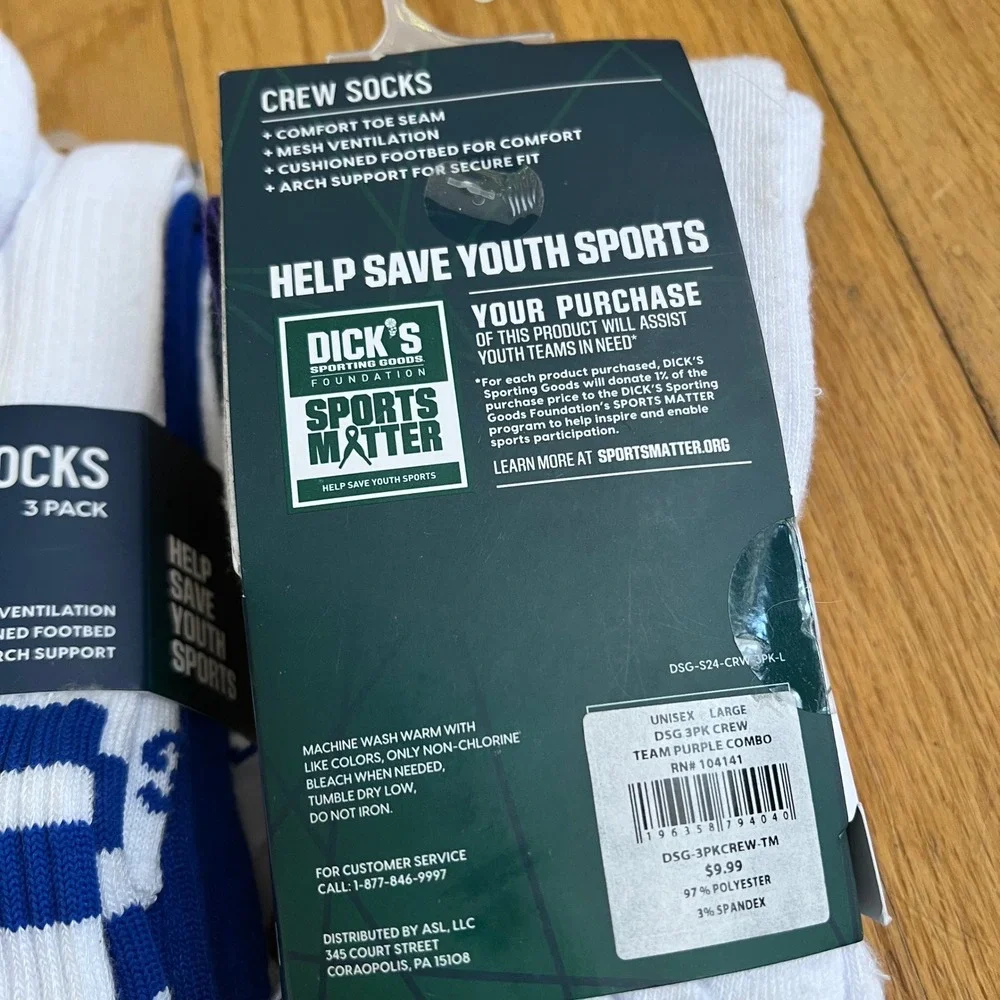 DSG Socks Crew 3PK (12 Total) Unisex Size Large White Stripe NEW